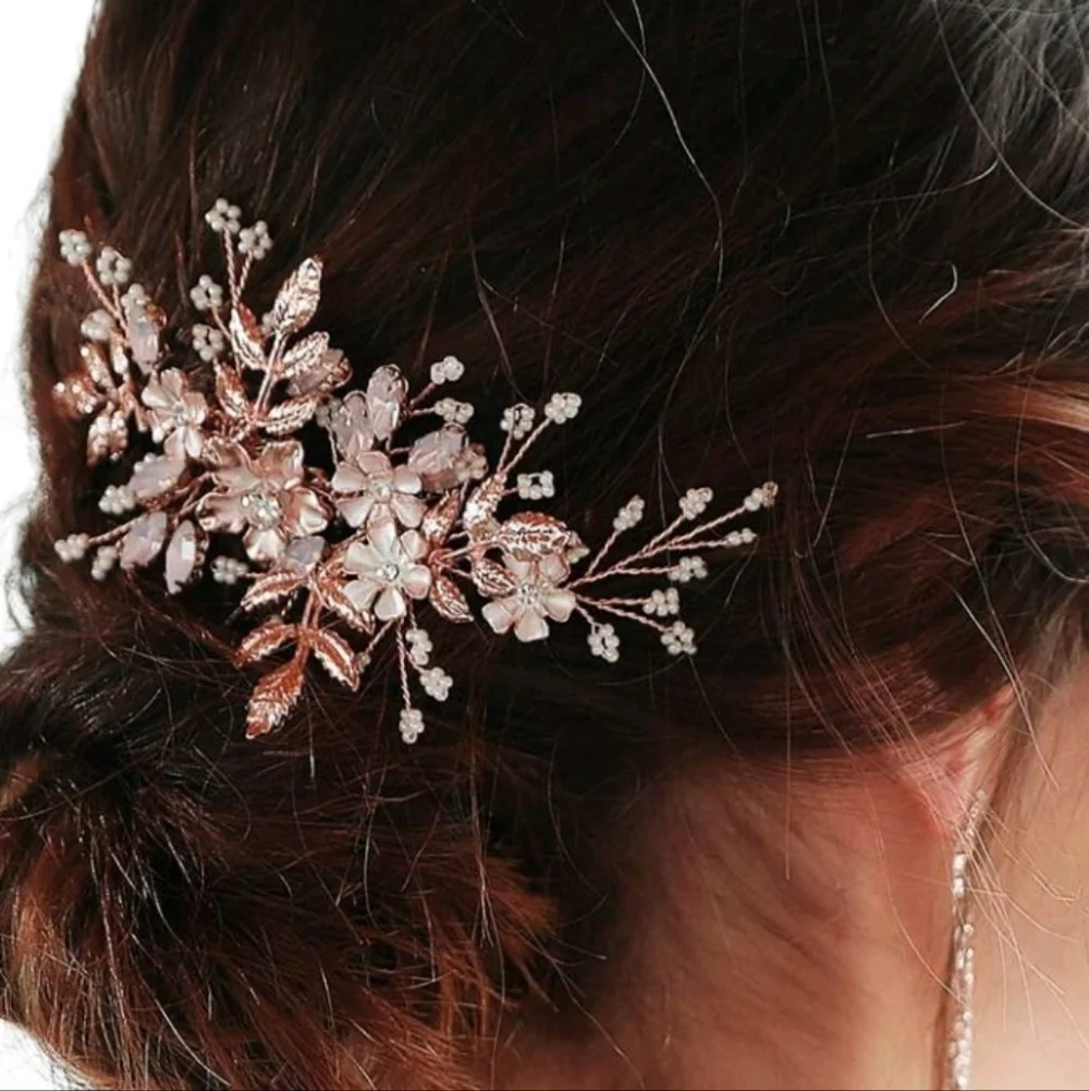 Bridal Comb Rose Gold Floral Leaves Rhinestone Faux Pearl Wedding Hair Comb